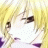 A 48x48 pixel buddy icon featuring a split composition with an anime-style character on the left and text elements on the right against a black background.