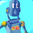 Pixelated blue robot with yellow shoulder accents and red text on chest, set against light blue background.