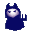 Pixelated devil icon with dark blue hooded robe, white face, and three-fingered hand gestures in a of poses