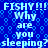 Blue background with repeating light blue hexagonal patterns and white pixelated text reading "FISHY!!! FISHY!!! Why are you sleeping? sleeping?" in a
