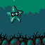Pixel art star-shaped character with black glasses floats above dark blue background, surrounded by teal and brown pixelated shapes.