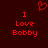 Red pixelated text and heart symbol on dark red background, with 'I Love Bobby' repeated twice.