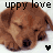 nine identical brown puppy faces with closed eyes, each surrounded by pixelated text fragments and small black or pink hearts