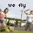 Pixelated image of people jumping outdoors with text "we fly high no lie" in black block letters.