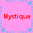 Pink background with blue dotted borders and star motifs, four red 'Mystique' text instances arranged in a pattern