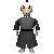 Pixelated character in dark gray traditional attire with white headwear showing three views: front, right side, and back, each with distinct headwear markings.