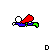 Pixelated red and blue character with green accents on a white background, displaying sequential text changes below.