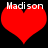 Two identical red heart shapes with white text 'Madison' above each on a black background.