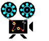 Pixelated film projector icon with cyan reels, red wiring, yellow gears on black body; show yellow light beam from lens while others do not