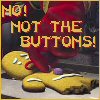 Pixelated image of two gingerbread cookies on a plate with large yellow text reading "NO! NOT THE BUTTONS!" above them.