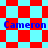 Red and cyan checkered background with blue text "Cameron" repeated across four quadrants, transitioning between two distinct patterns
