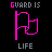 Pixel art icon set with five color variations of a flag-like symbol, each paired with 'GUARD IS' text above and 'LIFE' below on black background.
