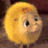 Animated sequence showing a yellow cartoon chick and a dark-haired character with closed eyes, followed by a pixelated black arrow on white background.