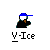 Pixelated icon of a figure in blue cap and black jacket with brown scarf, white face, underlined text V-Ice on gray background.