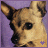 A pixelated dog head with brown and black fur against a purple background, featuring two heart-shaped icons at the bottom right.