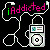 Pixelated icon shows a white outline of headphones connected to a silver MP3 player with a small screen, against black background; text "iAddicted" in pink and green pixel font.