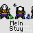 Pixelated character with white face and black body in orange-and-blue outfit, holding green broom and blue bottle across multiple poses.