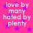 A static image with a bright pink background featuring purple stars and white text reading "love by many hated by plenty" in four identical sections.