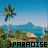 Pixelated beach scene with palm trees, huts, and mountains under a blue sky, repeated in a pattern