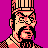 Pixel art portrait of a historical figure with black hair, mustache, and beard against solid magenta background; character wears striped headpiece and checkered garment in pink/black/peach tones.