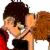 A 2x2 contact sheet of an animated buddy icon showing a cartoon couple kissing with red and white text on black backgrounds.