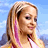Pixelated image of a person with long blonde hair and pink streaks against blue sky background, overlaid with pixelated text on bright pink background.