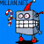 Pixelated robot with red Santa hat holding candy cane, standing on blue background with 'MILLAN.NET' text above.
