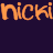 Pixelated orange text 'nickinicki' on dark purple background with a small flower symbol.