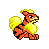 Pixel art animation of a small orange and black striped creature with yellow fur accents in various poses across eight frames arranged in a 3x3 contact sheet layout.