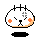 Pixelated cartoon head with white face, orange cheeks, black eyes and nose, four vertical hair strands, gray cross symbol on left eye area, and light brown lower border.