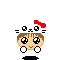 Pixelated character with white cat-ear headpiece and red bow, brown hair, large black eyes, and pink cheeks, shown in two sequential poses against gray background.