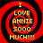 Four identical red and black spiral patterns with yellow text reading "I LOVE ANNIE 5000 MUCH!!!!" arranged in a