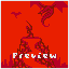 Pixel art image with red background showing a warrior figure on a structure, two flying creatures, and white 'Preview' text at bottom.