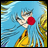 Pixelated anime-style character with blue hair and red cheek mark against blue and yellow background, next to black with white text