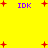 Yellow background with scattered red plus signs and purple 'IDK' text in multiple positions.