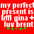 Red background with white pixelated text reading 'my perfectly present is bff gina + luv brent' and green plus signs below.