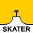 Animated contact sheet of a stick figure skater performing tricks on ramps with yellow background and repeated "SKATER" text labels.