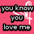 Pixelated pink background with white heart outlines and black text reading "you know you love me" and "xoxo gossip girl" in bold font.