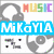 Pixelated image with multiple text overlays including "MikaYIA" in blue, "Love$" in purple, and "Music" in rainbow colors, featuring headphones and a CD graphic.