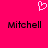 A static image with a bright pink background featuring two identical pixelated 'Mitchell' text blocks and a white heart symbol above them.