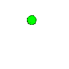 Animated sequence of green, gray, and red circular pixel clusters expanding from small dots into dense, textured spheres on a gray background.