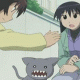 Animated sequence showing two characters and a cat with changing expressions and positions.