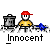 Pixel art character in red cap and yellow shirt sits beside trash can with blue object, text 'Innocent' below.