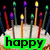 A birthday cake with lit candles and text overlays, showing a transition from 'happy birthday' to 'olivia' on the cake.