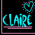 Pixelated graphic with cyan text 'CLAIRE' over black background, pink border and lines, heart symbol made of cyan pixels with pink dots.