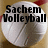 A white volleyball with visible seams on a light brown background, displaying text and symbols across four views.