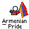 Pixelated buddy icon featuring a stick figure holding the Armenian flag with text labels and website branding.