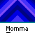Pixelated cartoon figure with white head and yellow body appears in multiple against blue chevron background, each containing four figures with speech bubbles displaying text like "Bitch!" or "Momma"