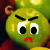 Pixelated green cartoon character with angry eyebrows, large white-rimmed eyes, and a red downturned mouth against dark background.