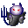 Pixelated devil icon with purple head, red eyes, dark gray robe, and blue trident in four variations showing different poses.